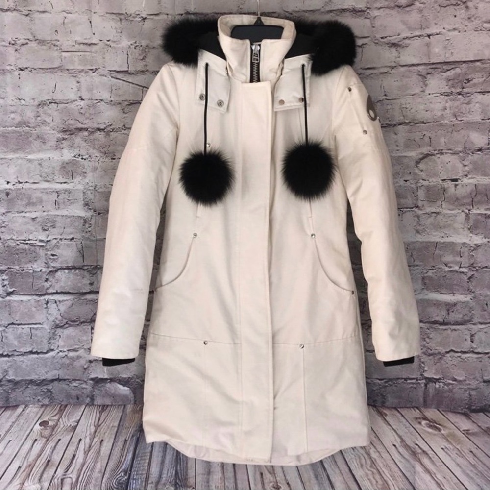Moose Knuckles fox fur down coat XS white black